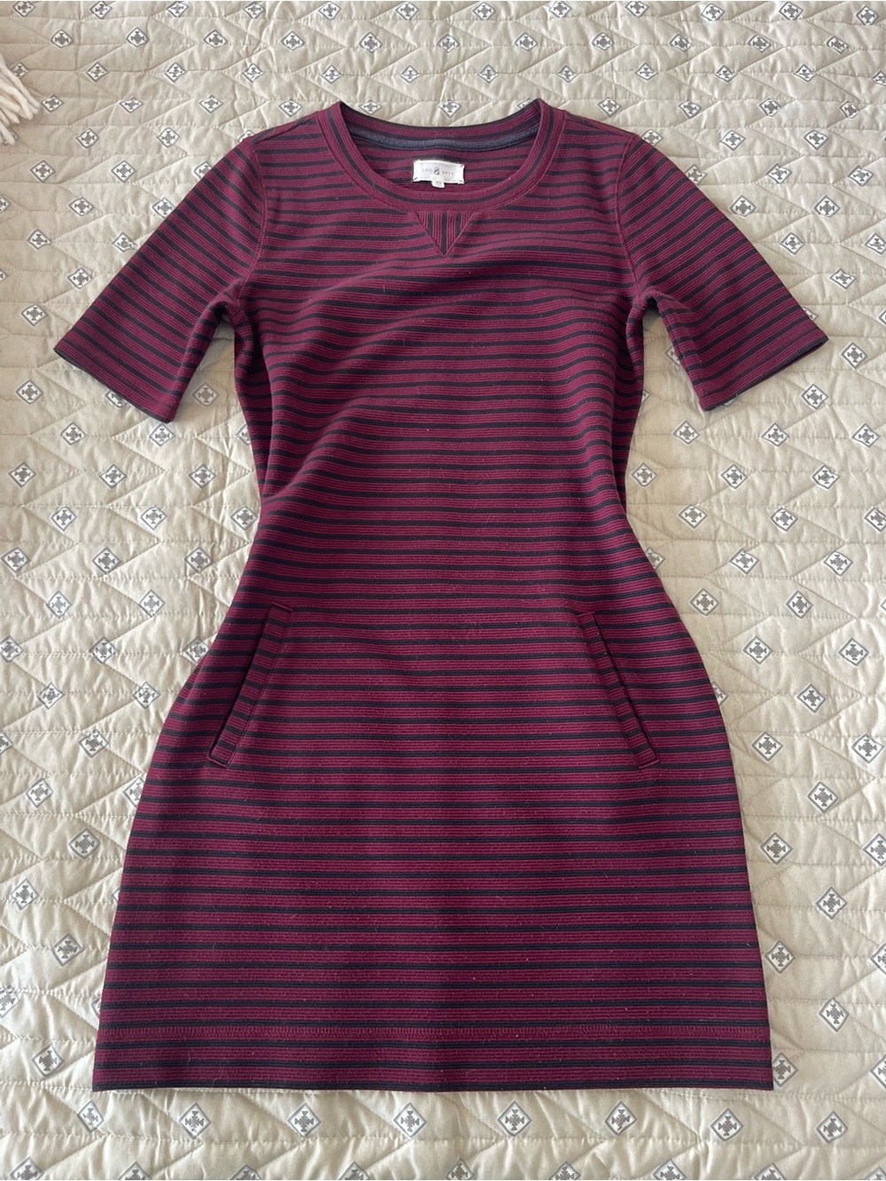 Lou & Grey Crewneck Short-Sleeve Sweater Dress in Burgundy Stripe - Picture 6 of 6